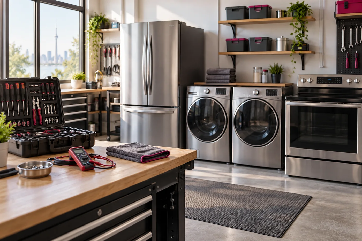 Illustrative appliance repair workshop with diagnostic tools